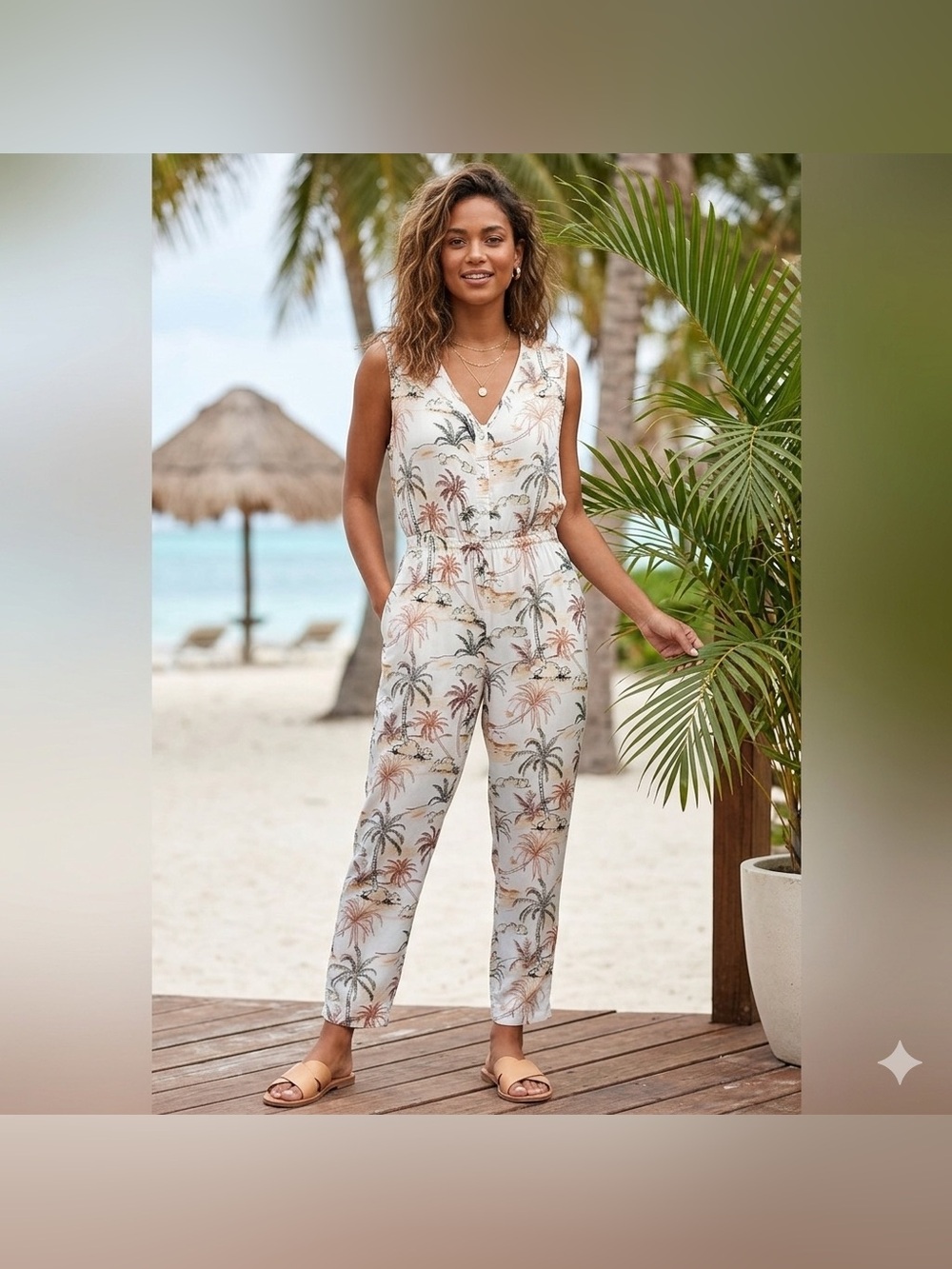 NWT World Market Palm Tree Sleeveless V-neck Elastic Jumpsuit Size S/M